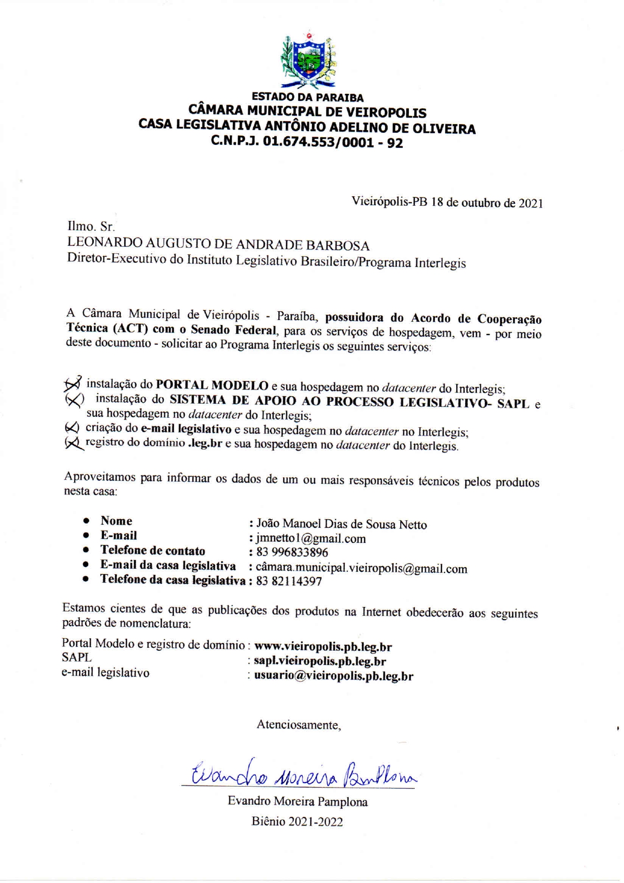 A Câmara Municipal de Vieirópolis/PB assinou acordo com o Senado para obtenção de tecnologia capaz de modernizar o processo legislativo no município