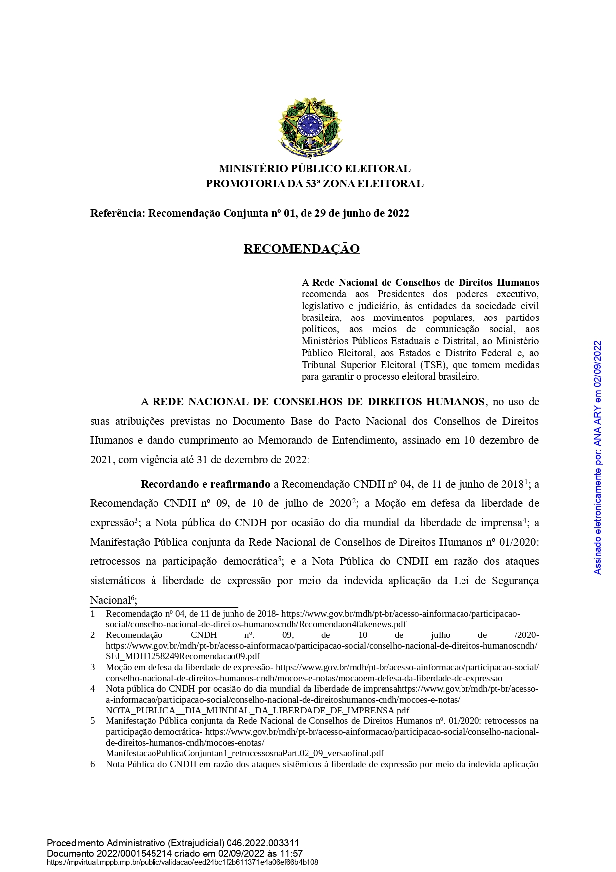 Recomendação Conjunta nº 01, de 29 de junho de 2022